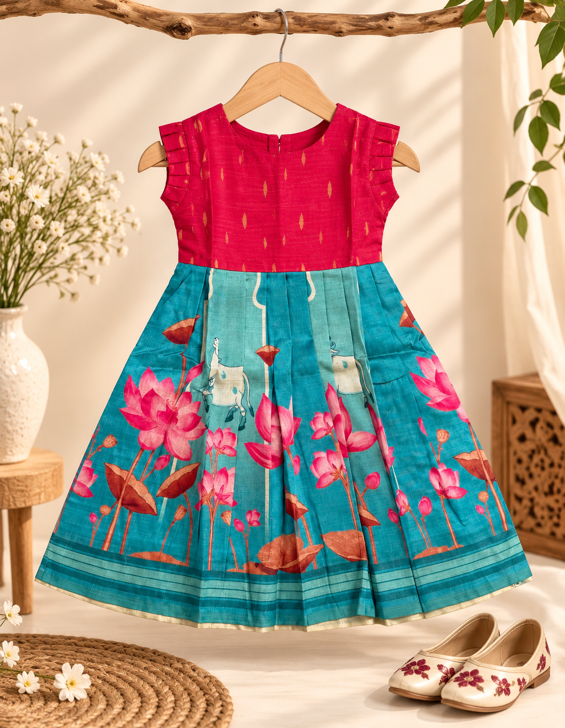 Traditional Pink Raw Silk & Lotus Print Tassar Frock