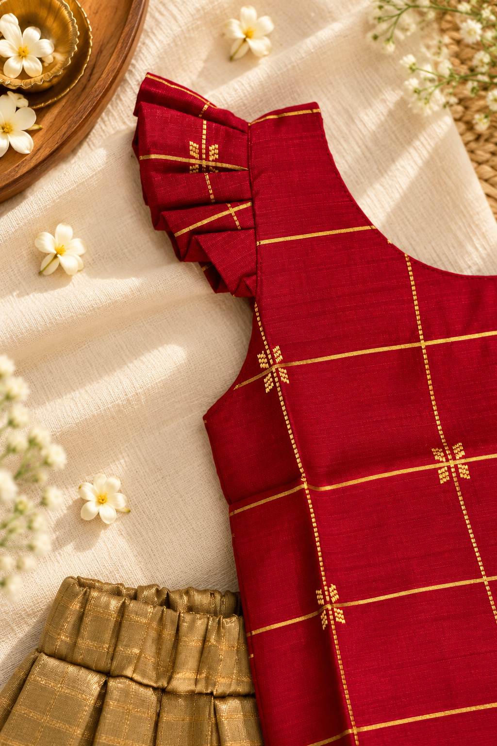 Red Raw Silk Top with Antique Gold Brocade Pavadai Set