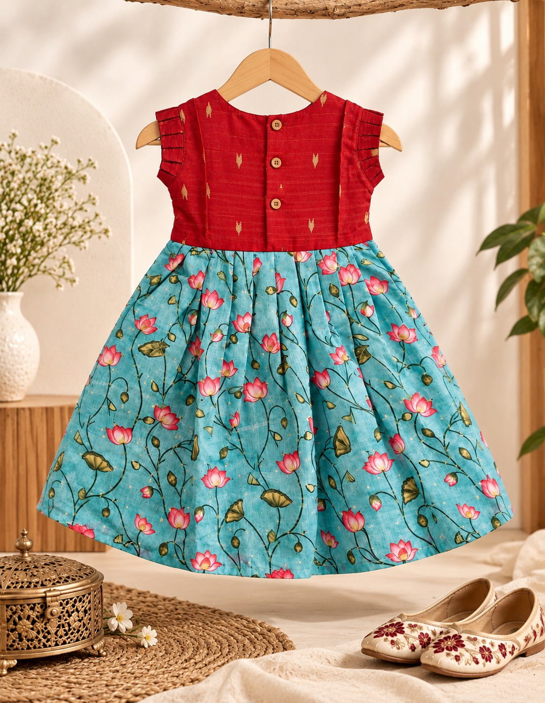 Traditional Ruby Red Raw Silk & Lotus Print Tassar Frock