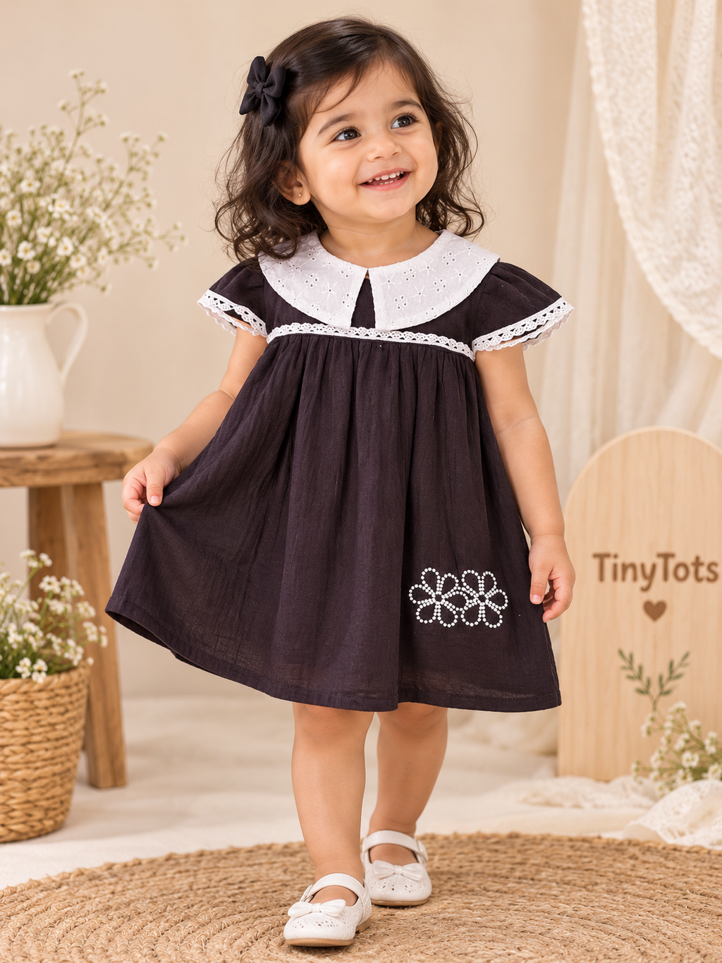 Dark Brown Muslin Frock with Hakoba Collar
