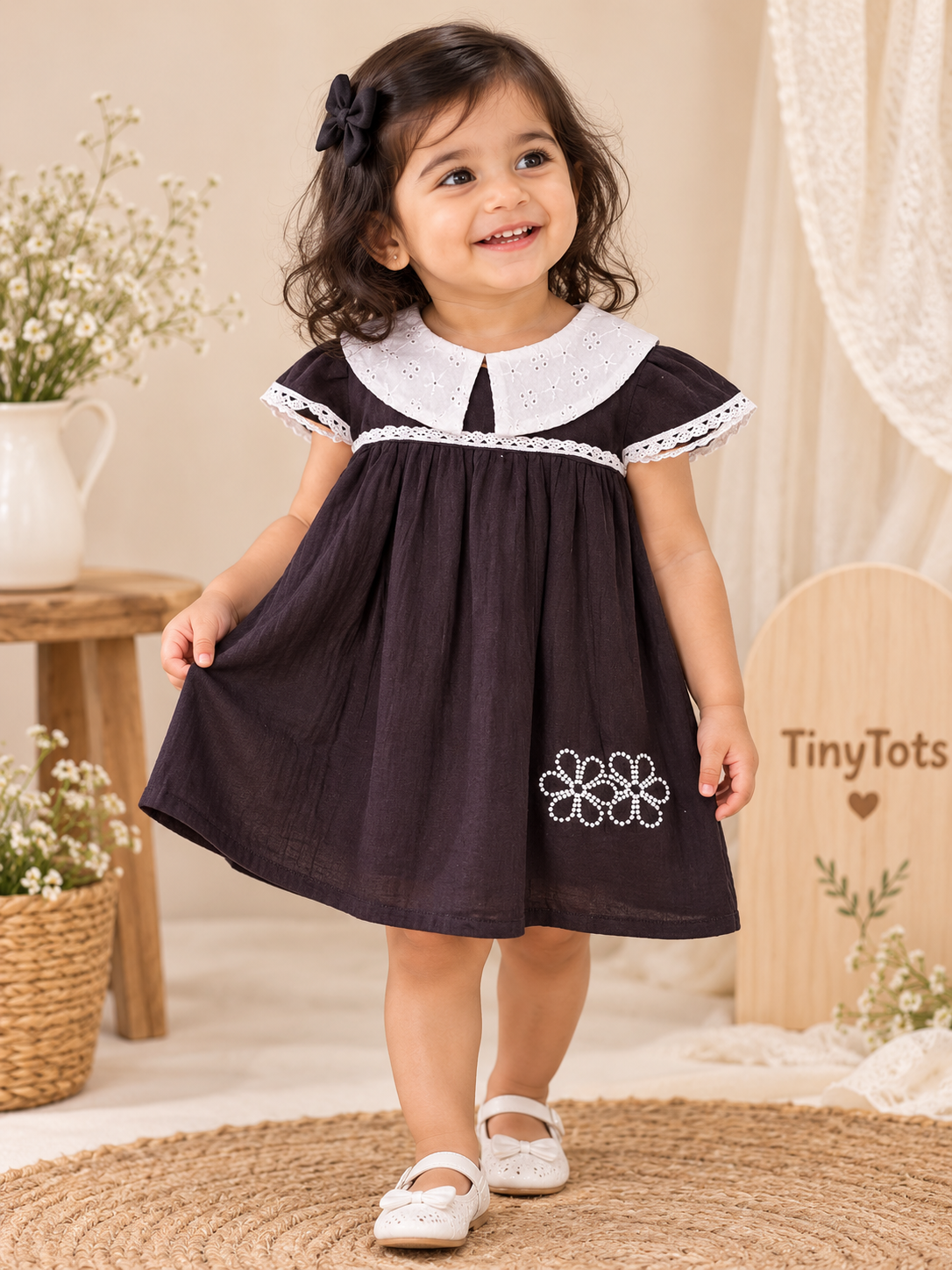 Dark Brown Muslin Frock with Hakoba Collar