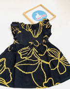 Crinkle Muslin Floral Print Baby Girl Dress with Bow – Black
