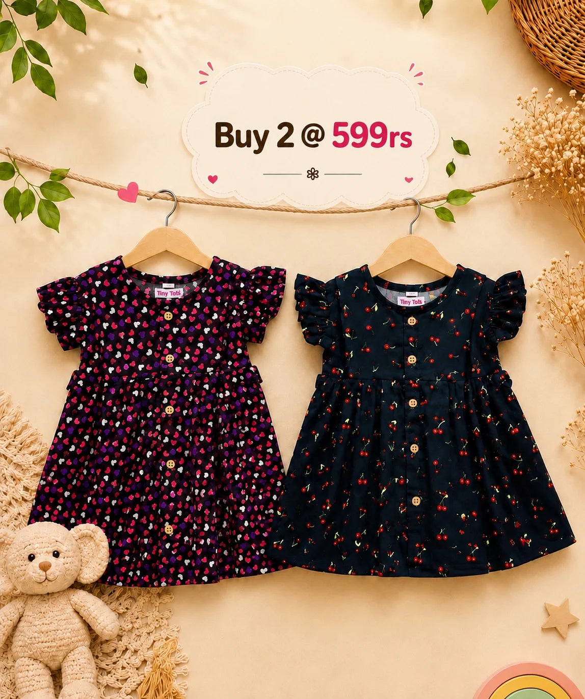 Combo 1 – Heart & Cherry Print Cotton Frocks