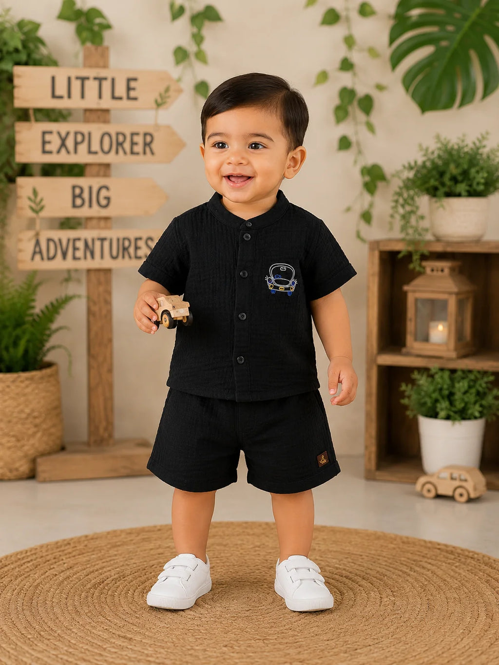 Crinkle Muslin Baby Boys Co-ord Set – Classic Black Shirt & Shorts