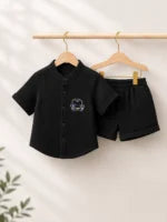 Crinkle Muslin Baby Boys Co-ord Set – Classic Black Shirt & Shorts