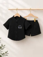Crinkle Muslin Baby Boys Co-ord Set – Classic Black Shirt & Shorts