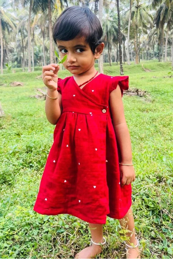 Crinkle Muslin Heart Print Baby Girl Dress with Bow – Red