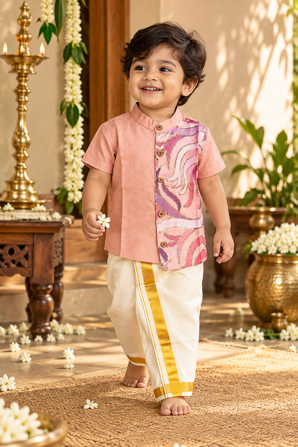 Peach Silk Panel Shirt with White Pattu Dhoti for Boys – Traditional Festive Set