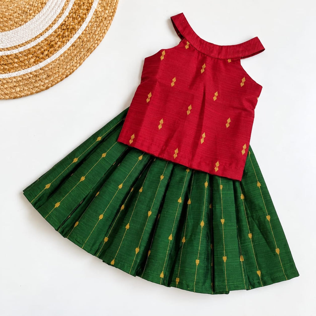 Traditional Raw Silk Pattu Frock Set for Girls – Red & Green with Back Bow