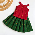 Traditional Raw Silk Pattu Frock Set for Girls – Red & Green with Back Bow