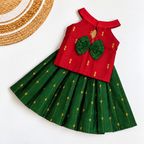Traditional Raw Silk Pattu Frock Set for Girls – Red & Green with Back Bow