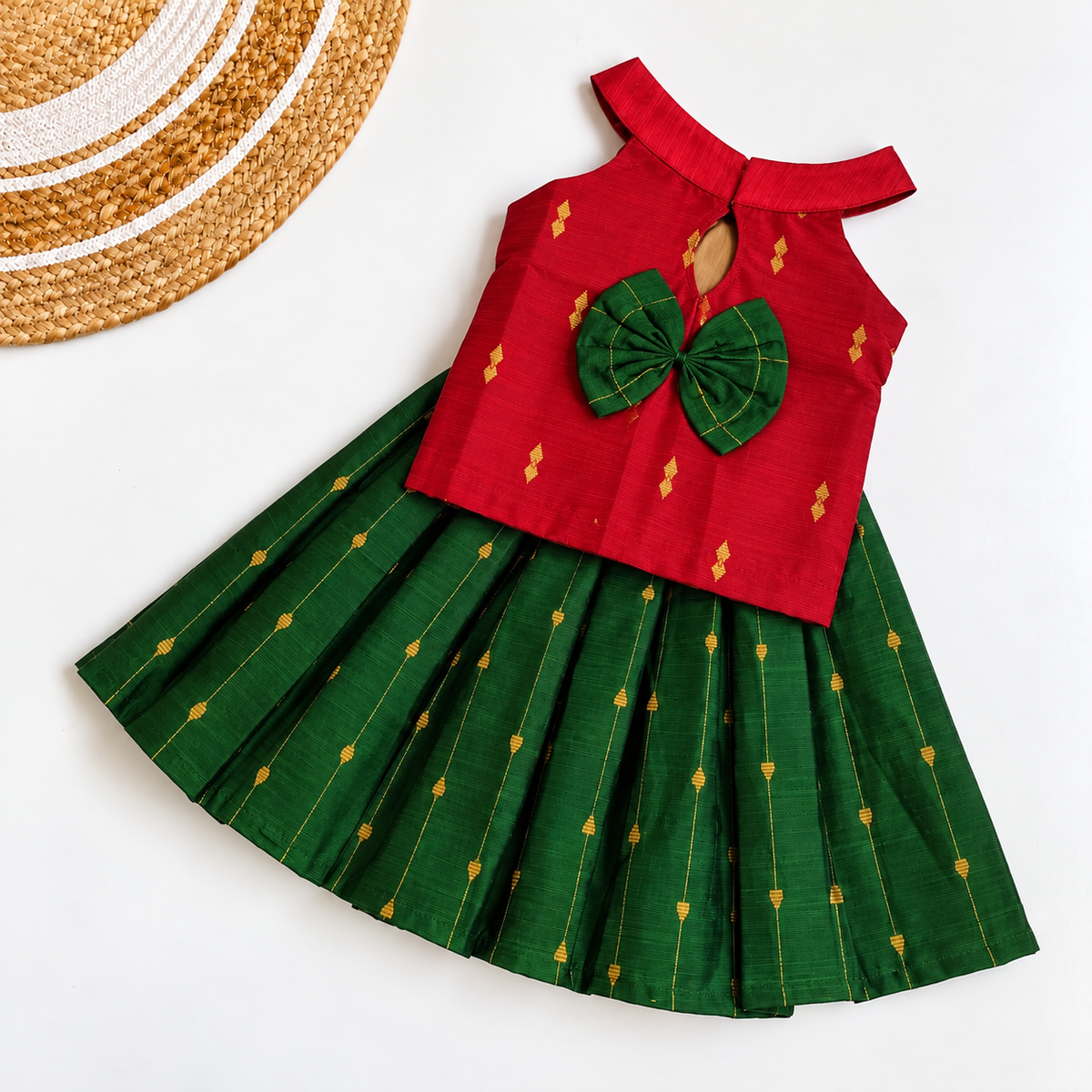 Traditional Raw Silk Pattu Frock Set for Girls – Red & Green with Back Bow