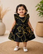 Crinkle Muslin Floral Print Baby Girl Dress with Bow – Black