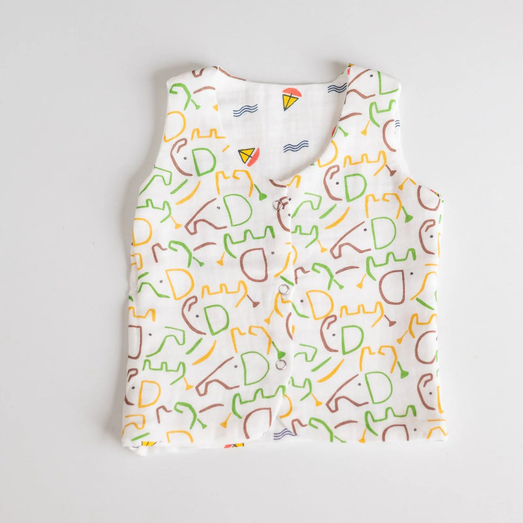 Reversible Muslin Baby Jabla — Boat / Elephant Print