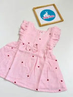 Crinkle Muslin Heart Print Baby Girl Dress with Bow – Baby Pink