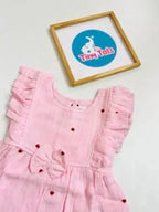 Crinkle Muslin Heart Print Baby Girl Dress with Bow – Baby Pink