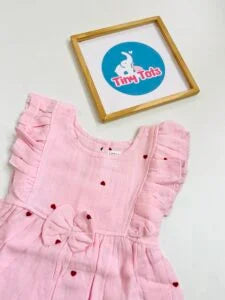 Crinkle Muslin Heart Print Baby Girl Dress with Bow – Baby Pink