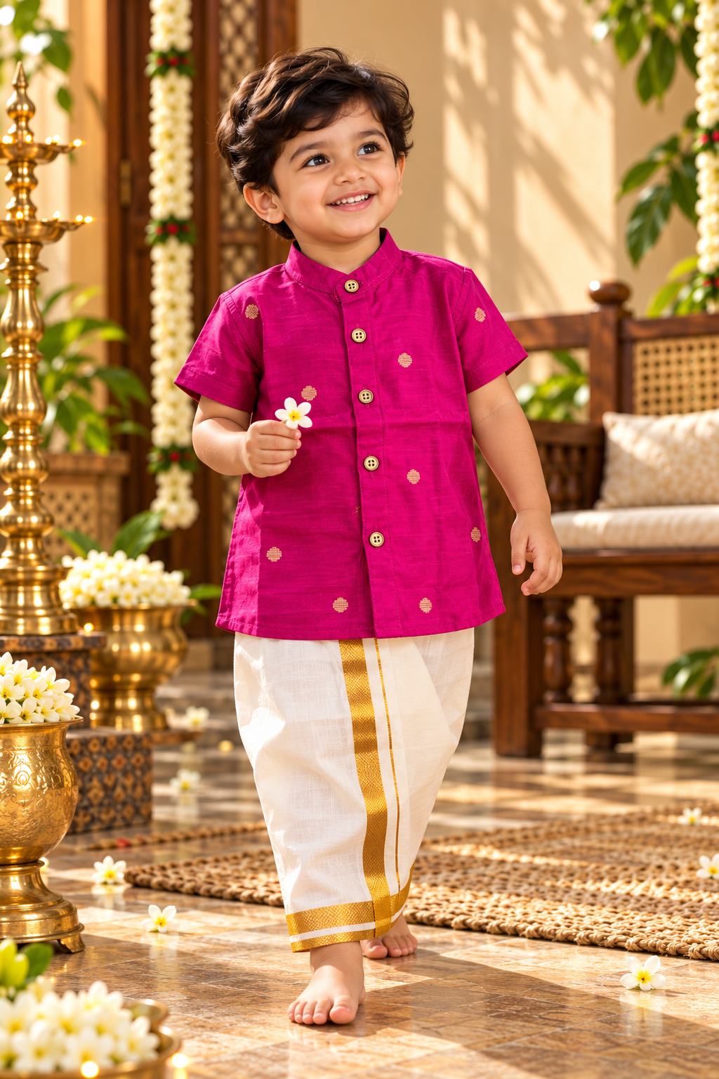 Rani Pink Silk Butta Shirt with White Pattu Dhoti for Boys – Traditional Festive Set