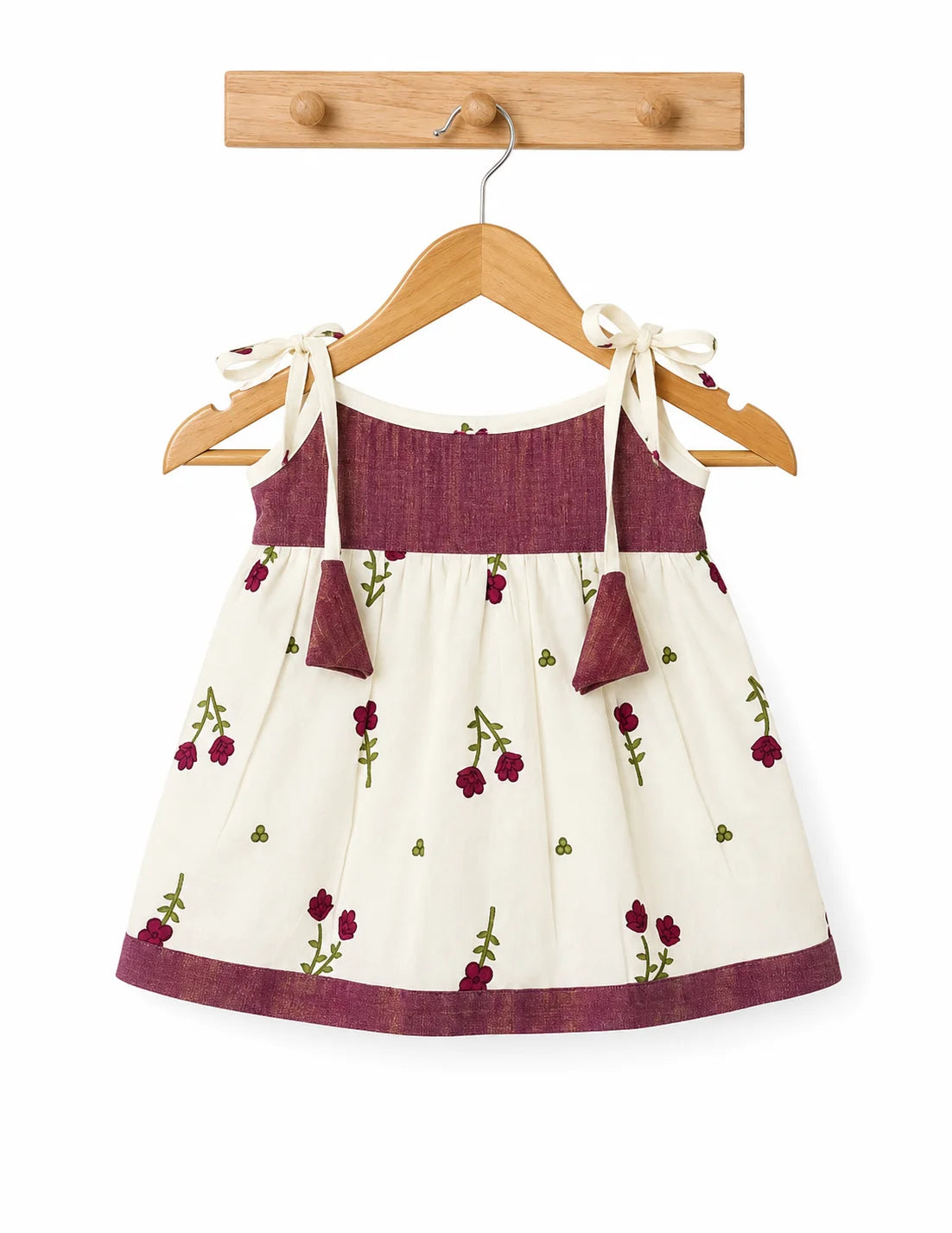 Floral Tie-Up Cotton Baby Frock – Maroon & Cream