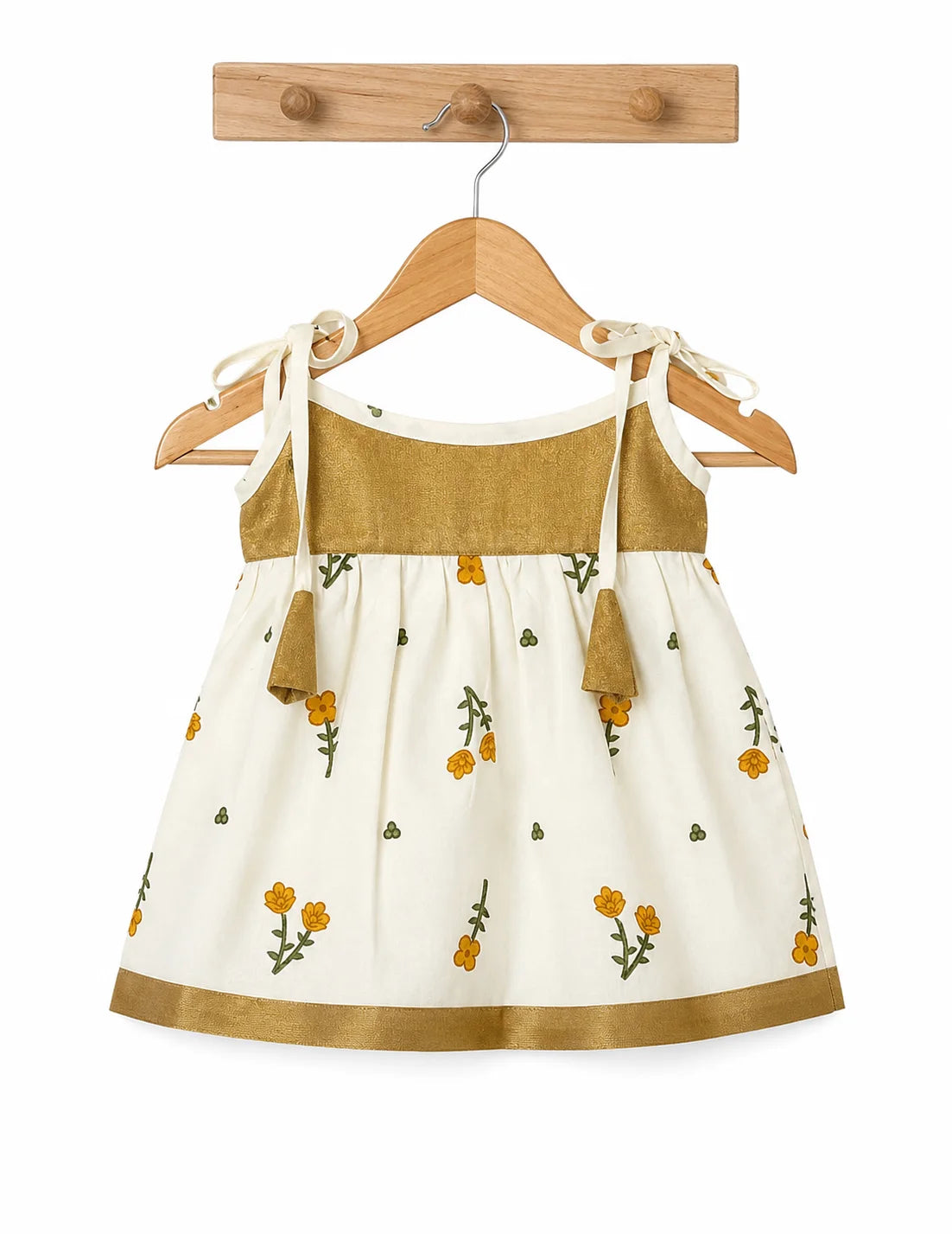 Floral Tie-Up Cotton Baby Frock – Mustard & Cream