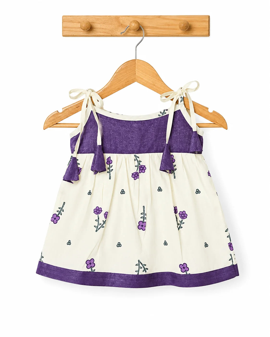Floral Tie-Up Cotton Baby Frock – Purple & Cream
