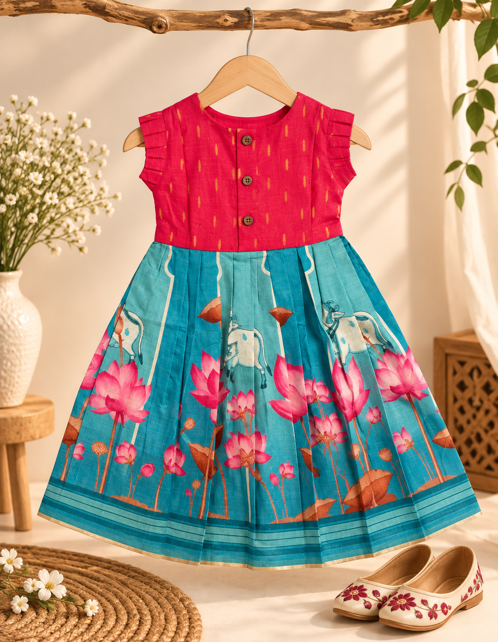 Traditional Pink Raw Silk & Lotus Print Tassar Frock
