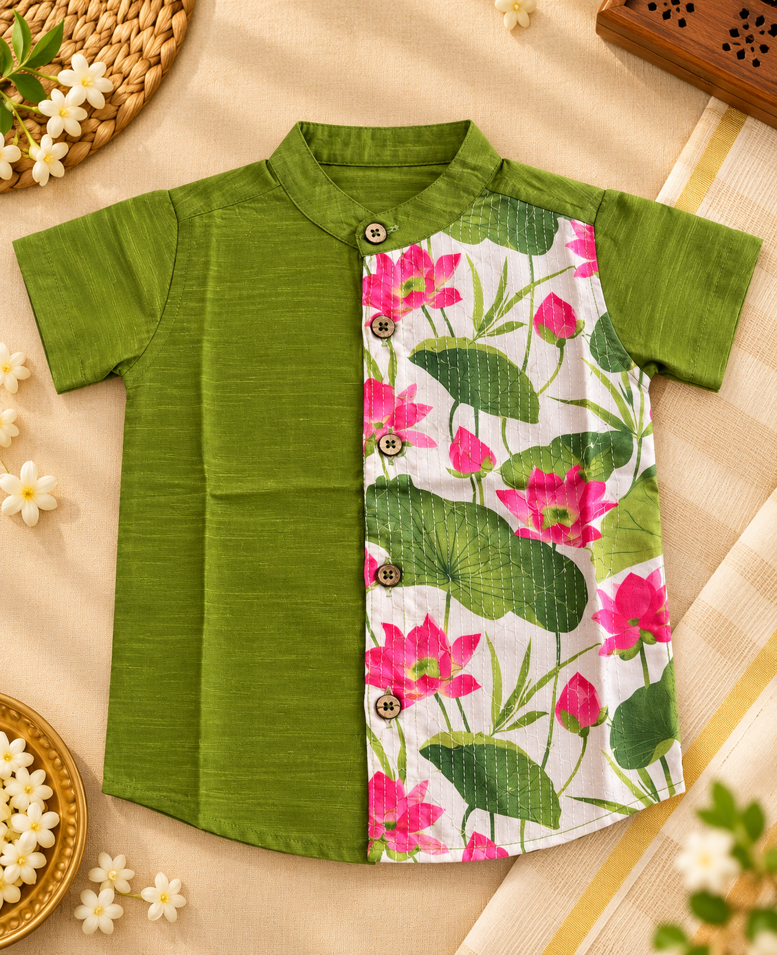 Olive Green Raw Silk Floral Print Shirt & Dhoti Set for Boys