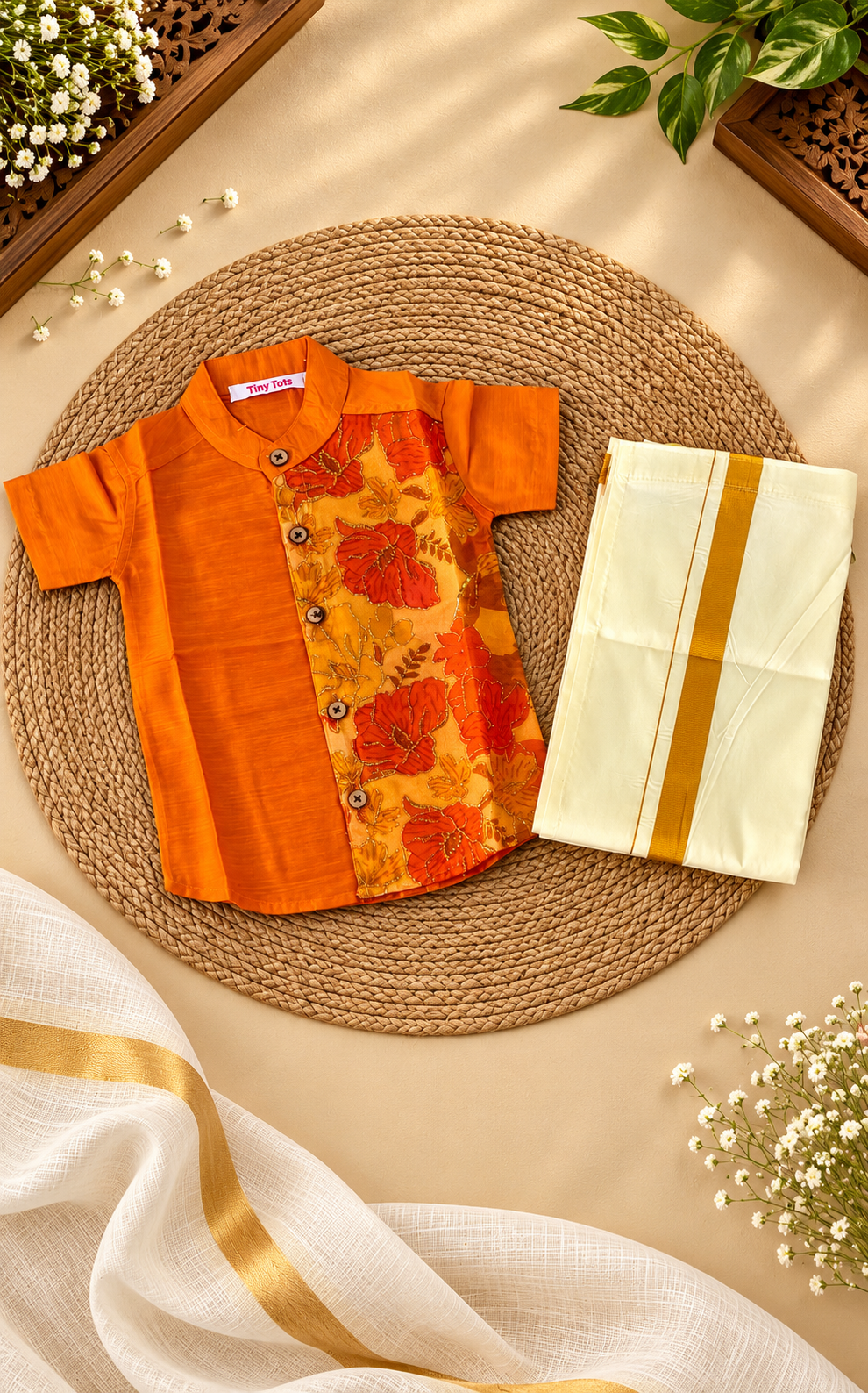 Mango Orange  Floral Raw Silk Ethnic Shirt with Traditional Dhoti Set for Boys