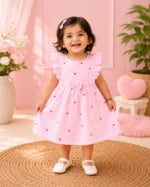 Crinkle Muslin Heart Print Baby Girl Dress with Bow – Baby Pink
