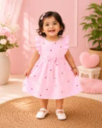 Crinkle Muslin Heart Print Baby Girl Dress with Bow – Baby Pink