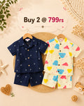 Combo 3 – Boys Cotton Co-ord Set | Navy Palm & Teddy Clouds