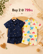 Combo 3 – Boys Cotton Co-ord Set | Navy Palm & Teddy Clouds
