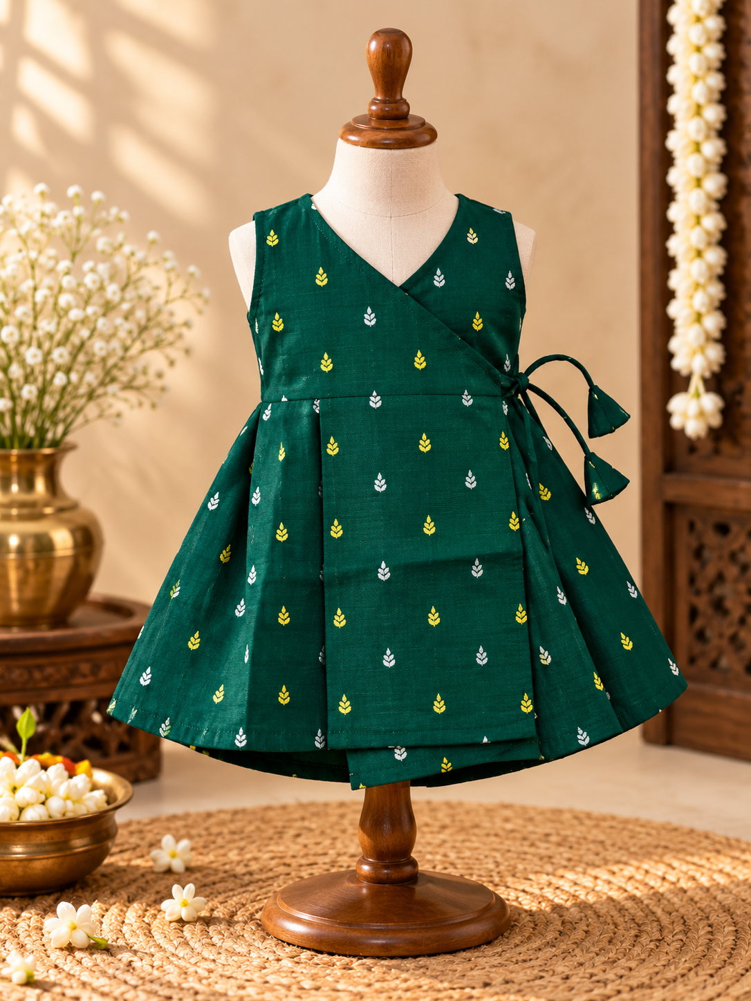 Green Silk Baby Frock with Gold Polka | Side Knot Ethnic Wear