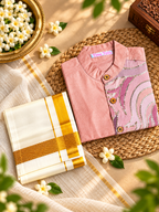 Peach Silk Panel Shirt with White Pattu Dhoti for Boys – Traditional Festive Set