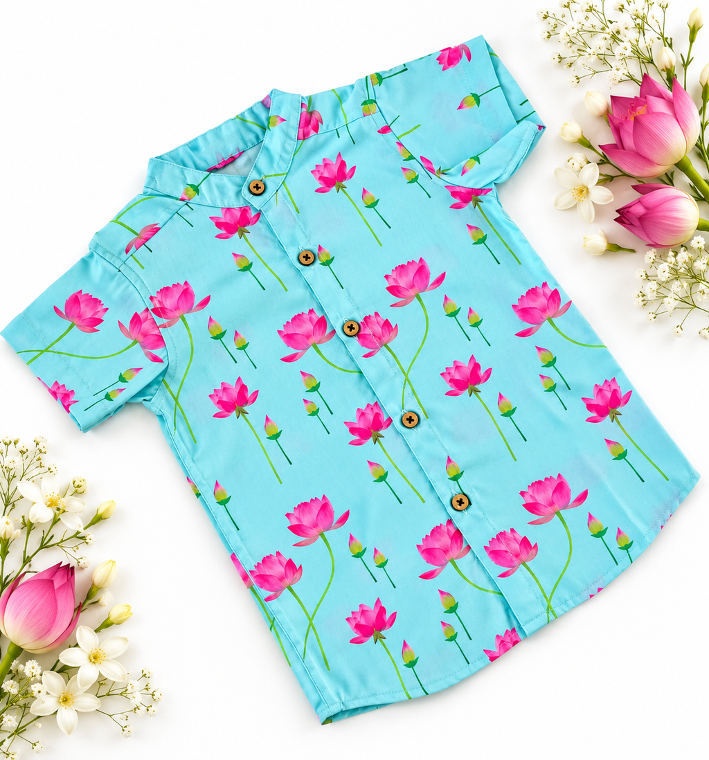 Aqua Blue Lotus Print Ethnic Shirt with Pattu dhoti