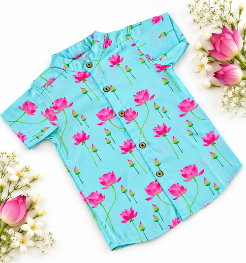 Aqua Blue Lotus Print Ethnic Shirt with Pattu dhoti