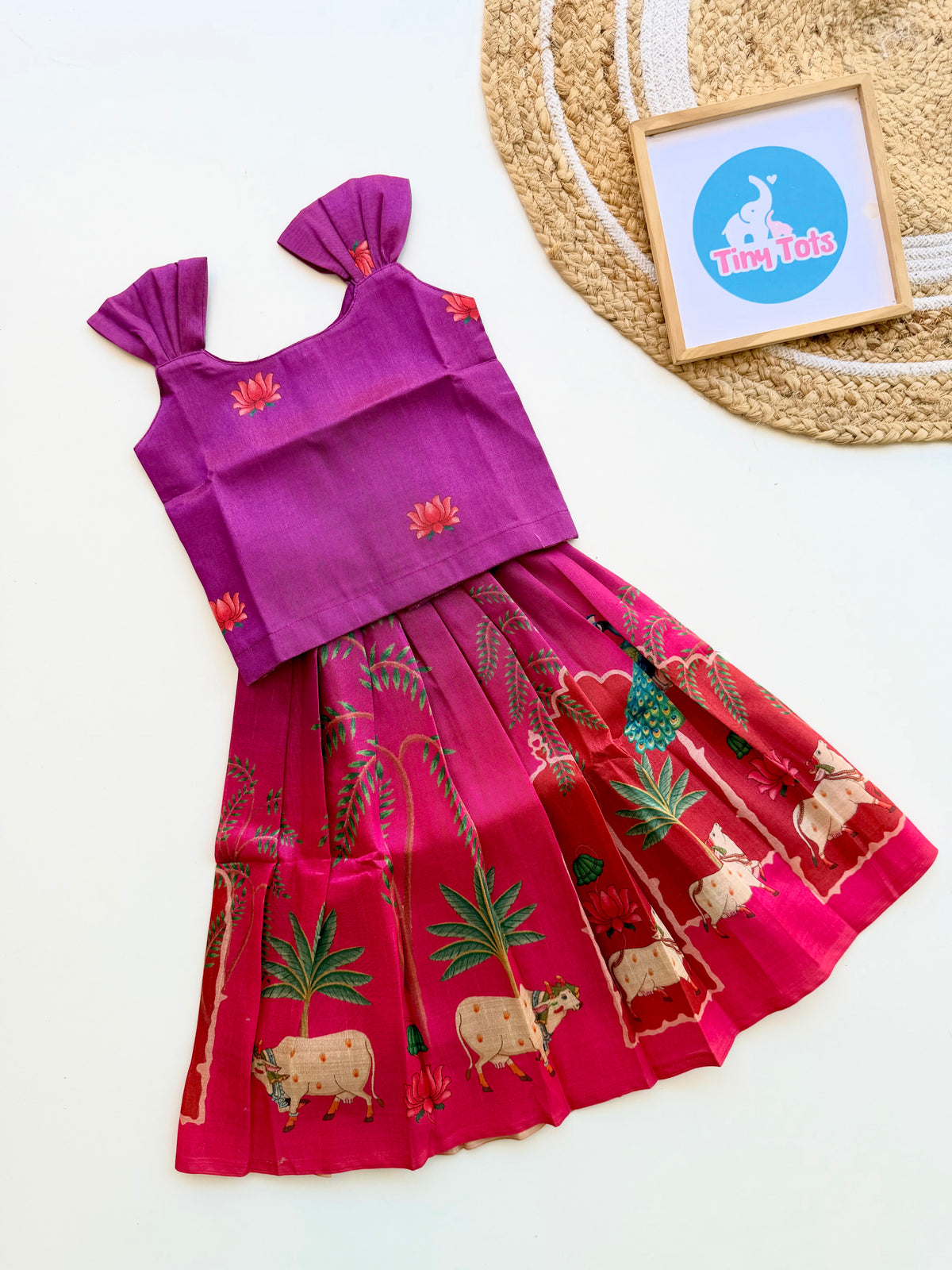 Lotus Peacock Tassar Silk Ethnic Set