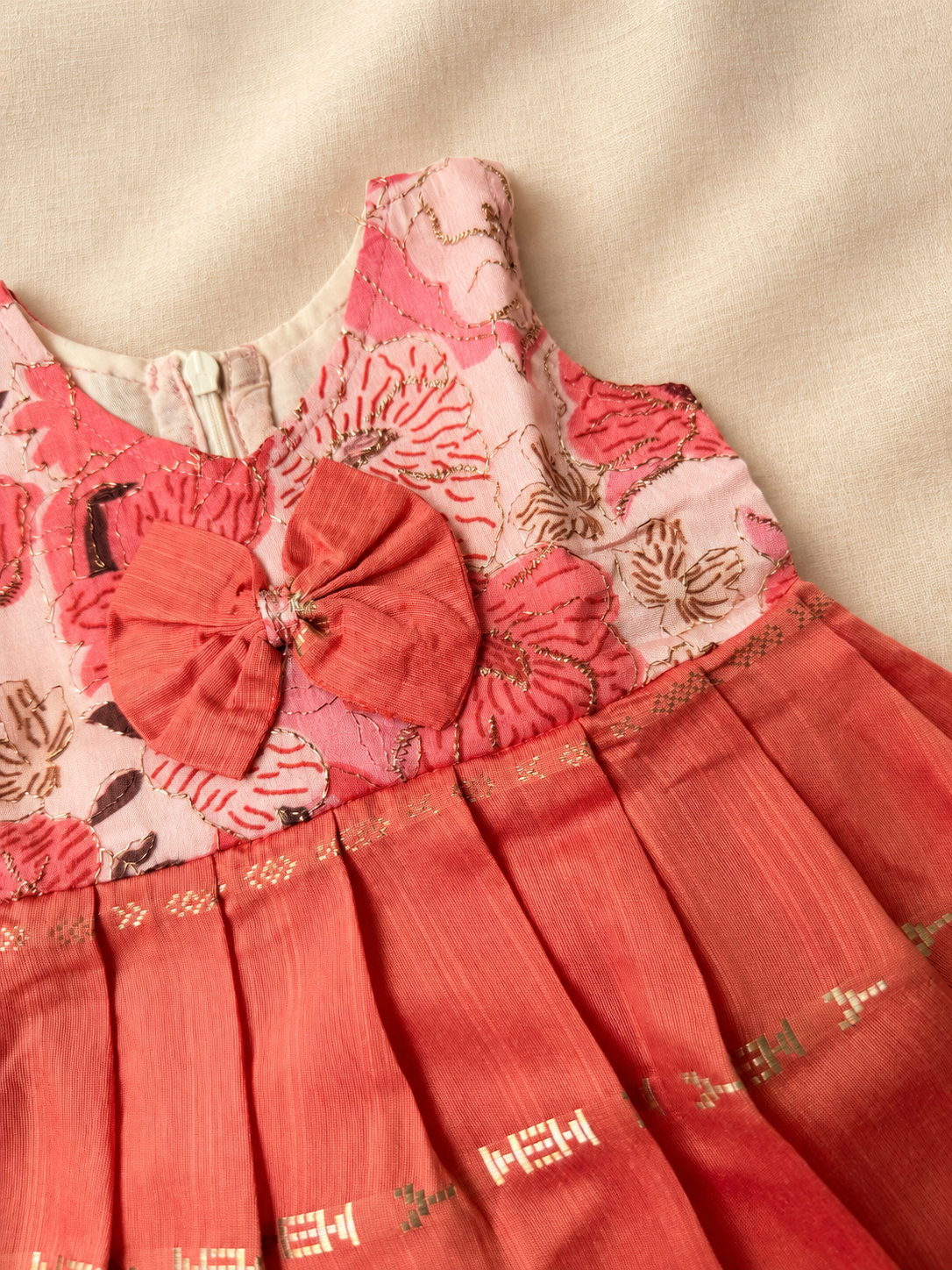 Coral Pink Floral Raw Silk Teppy Ethnic Frock for Girls