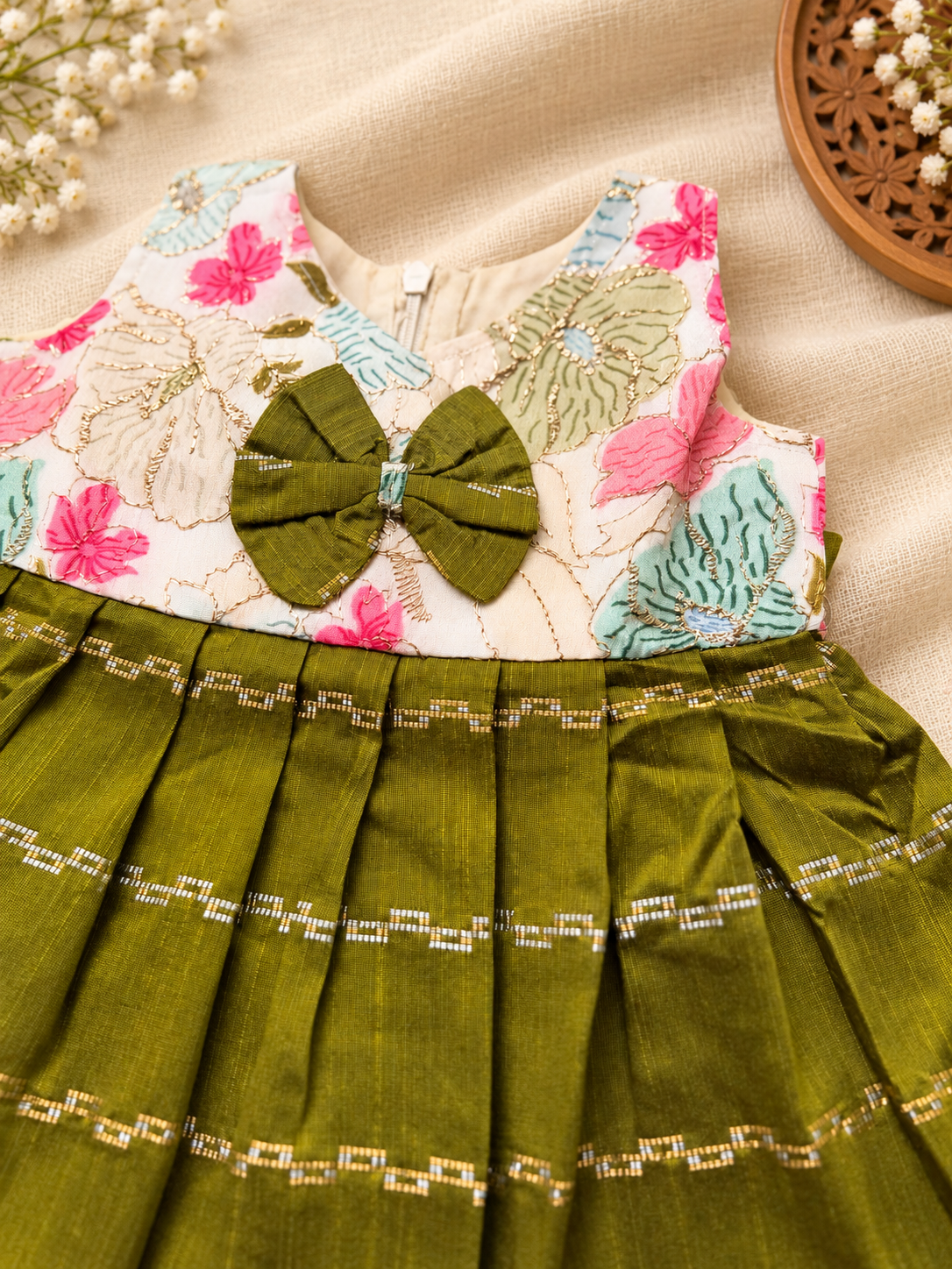 Olive Green Floral Raw Silk Teppy Ethnic Frock for Girls