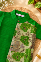 Green Floral Raw Silk Ethnic Shirt with Traditional Dhoti Set for Boys