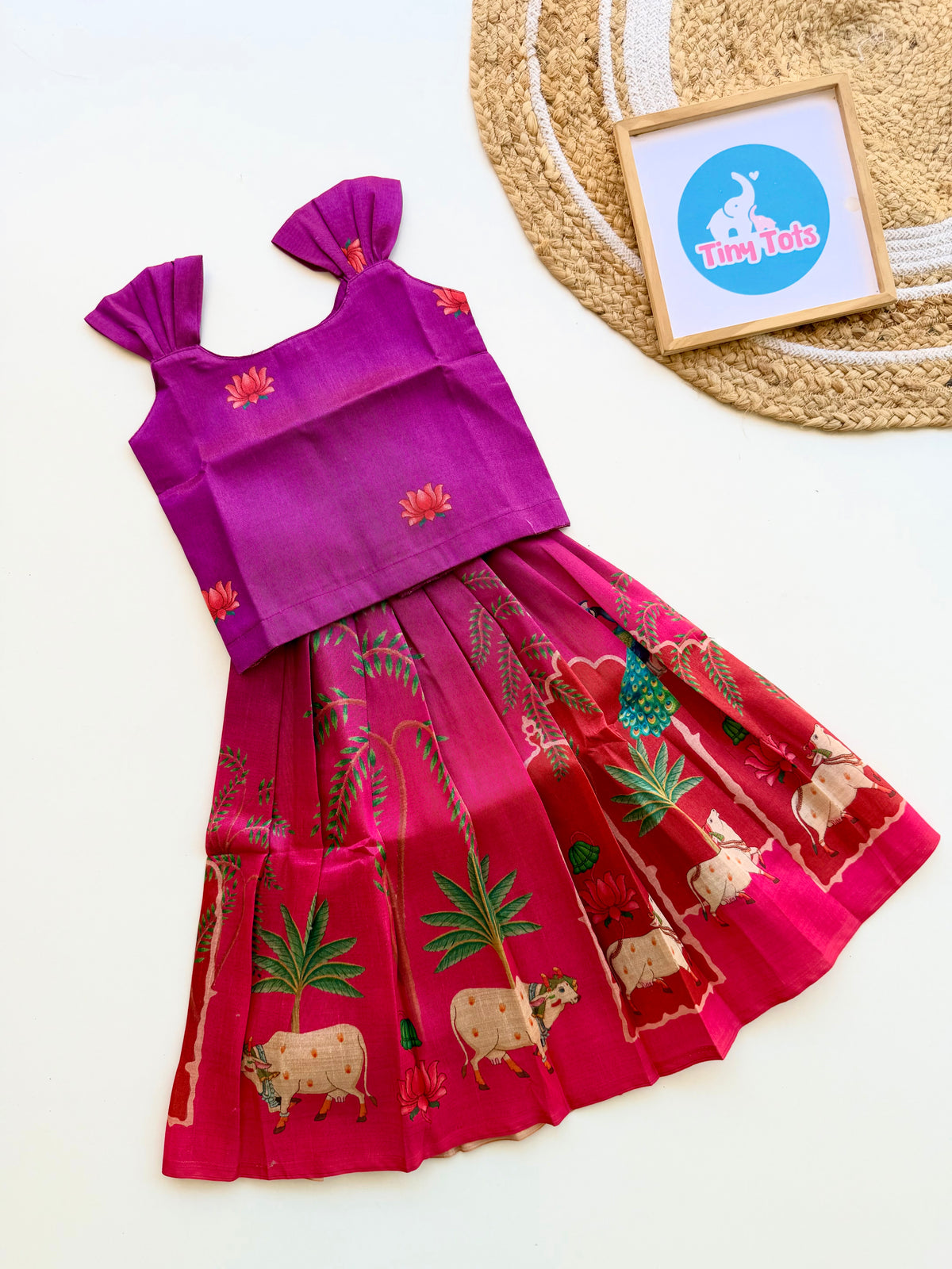 Lotus Peacock Tassar Silk Ethnic Set
