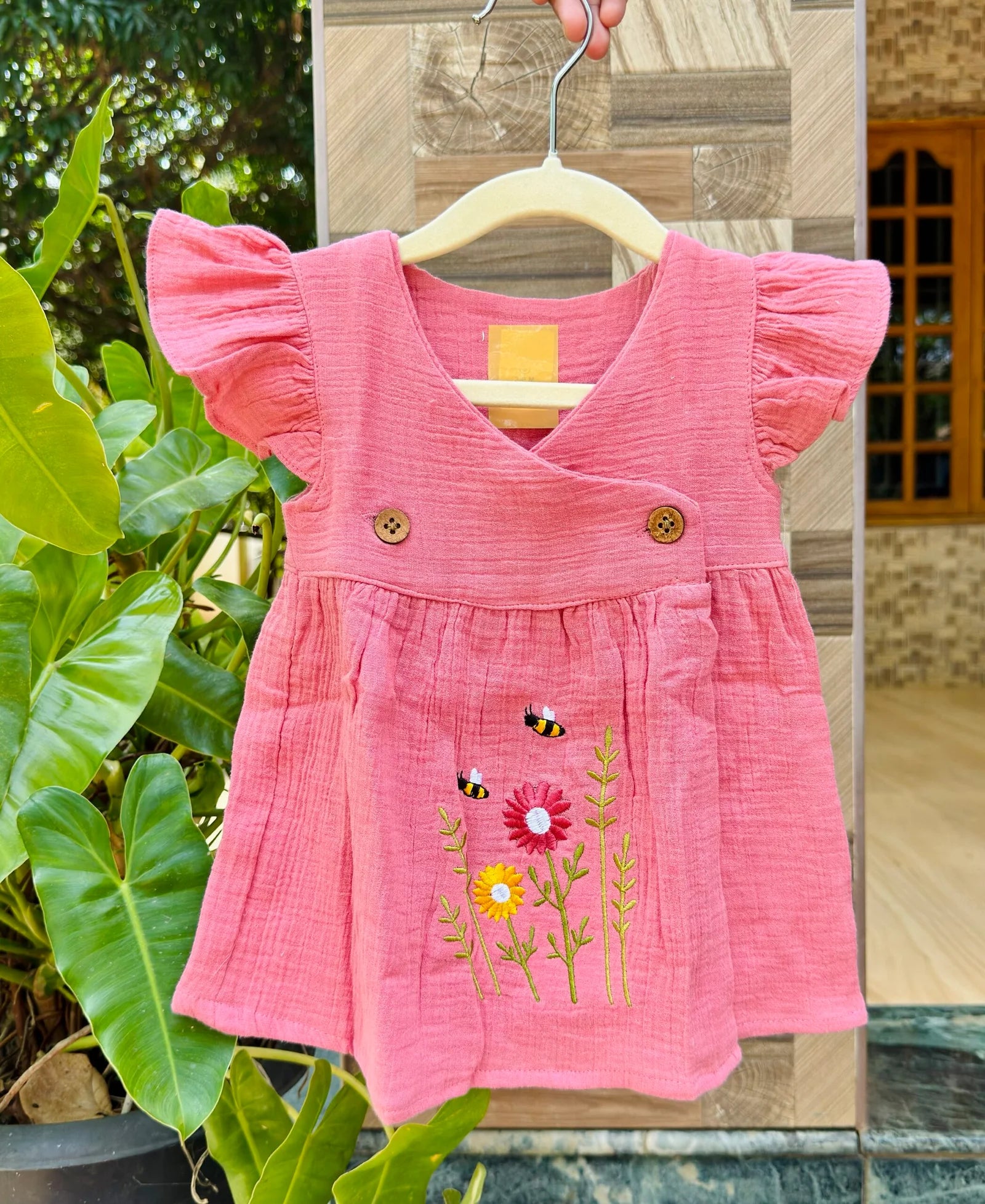 Double Layer Crinkle Muslin Baby Dress – Floral Bee Embroidery (Onion Pink)