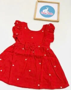 Crinkle Muslin Heart Print Baby Girl Dress with Bow – Red