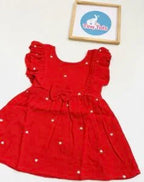 Crinkle Muslin Heart Print Baby Girl Dress with Bow – Red