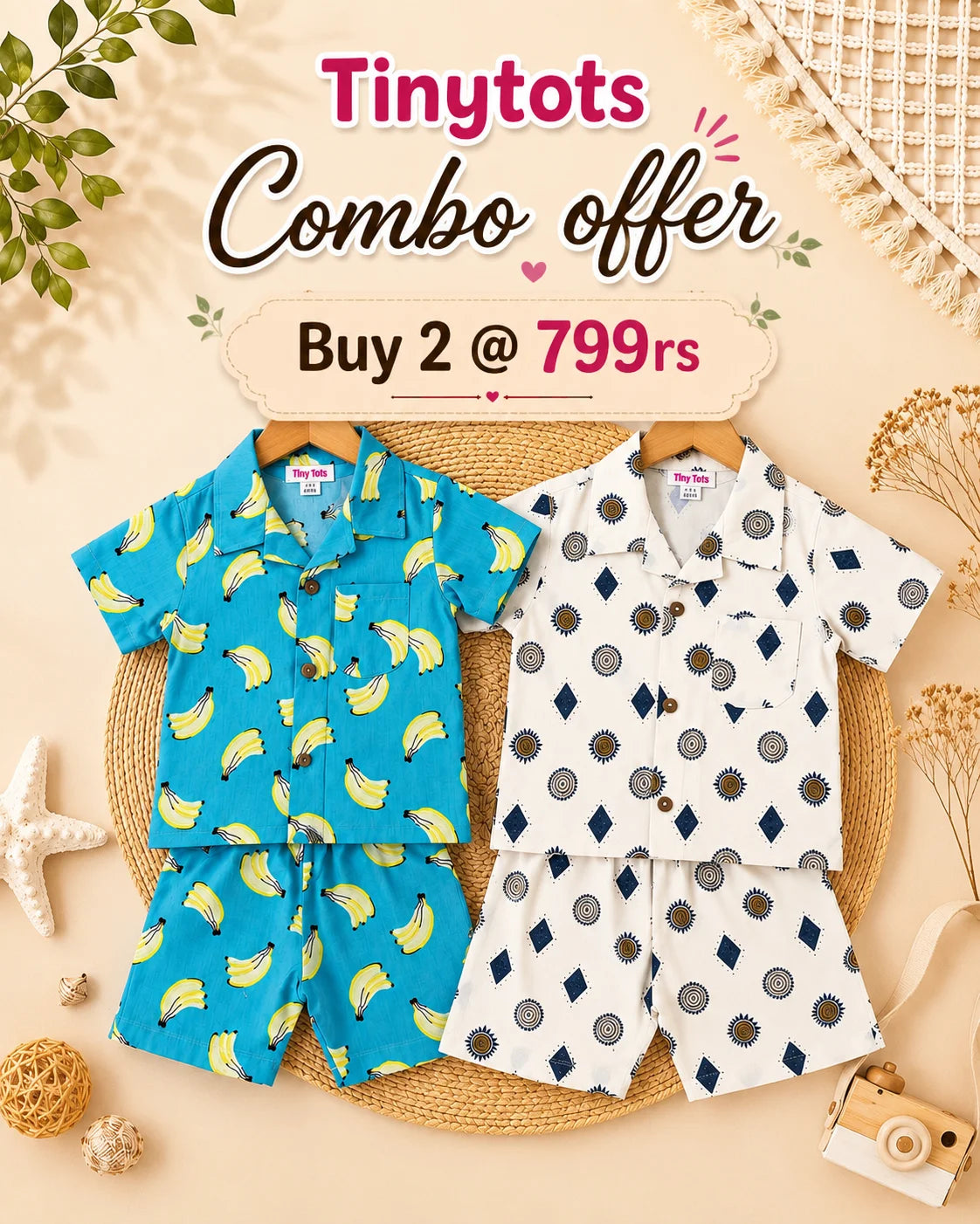 Combo 4 – Boys Cotton Co-ord Set | Banana & Geometric Prints