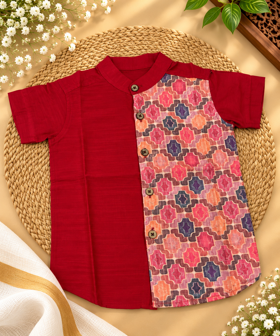 Red Geometric Print - Kids Ethnic Shirt