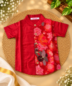 Red Floral Raw Silk Ethnic Shirt with Traditional Dhoti Set for Boys