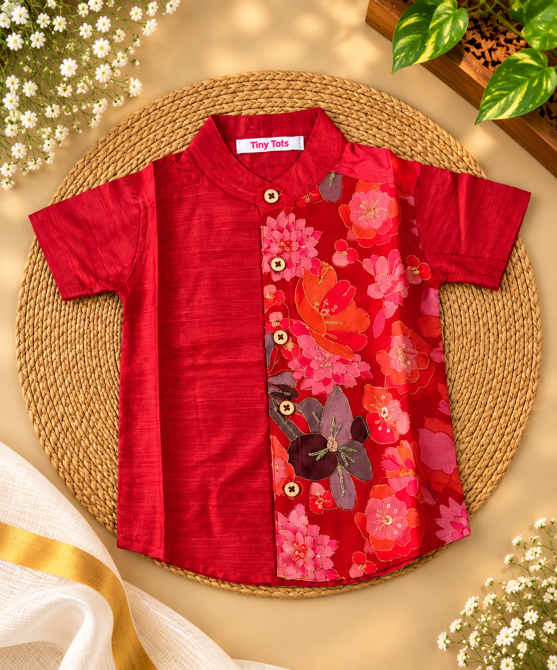 Red Floral Raw Silk Ethnic Shirt with Traditional Dhoti Set for Boys