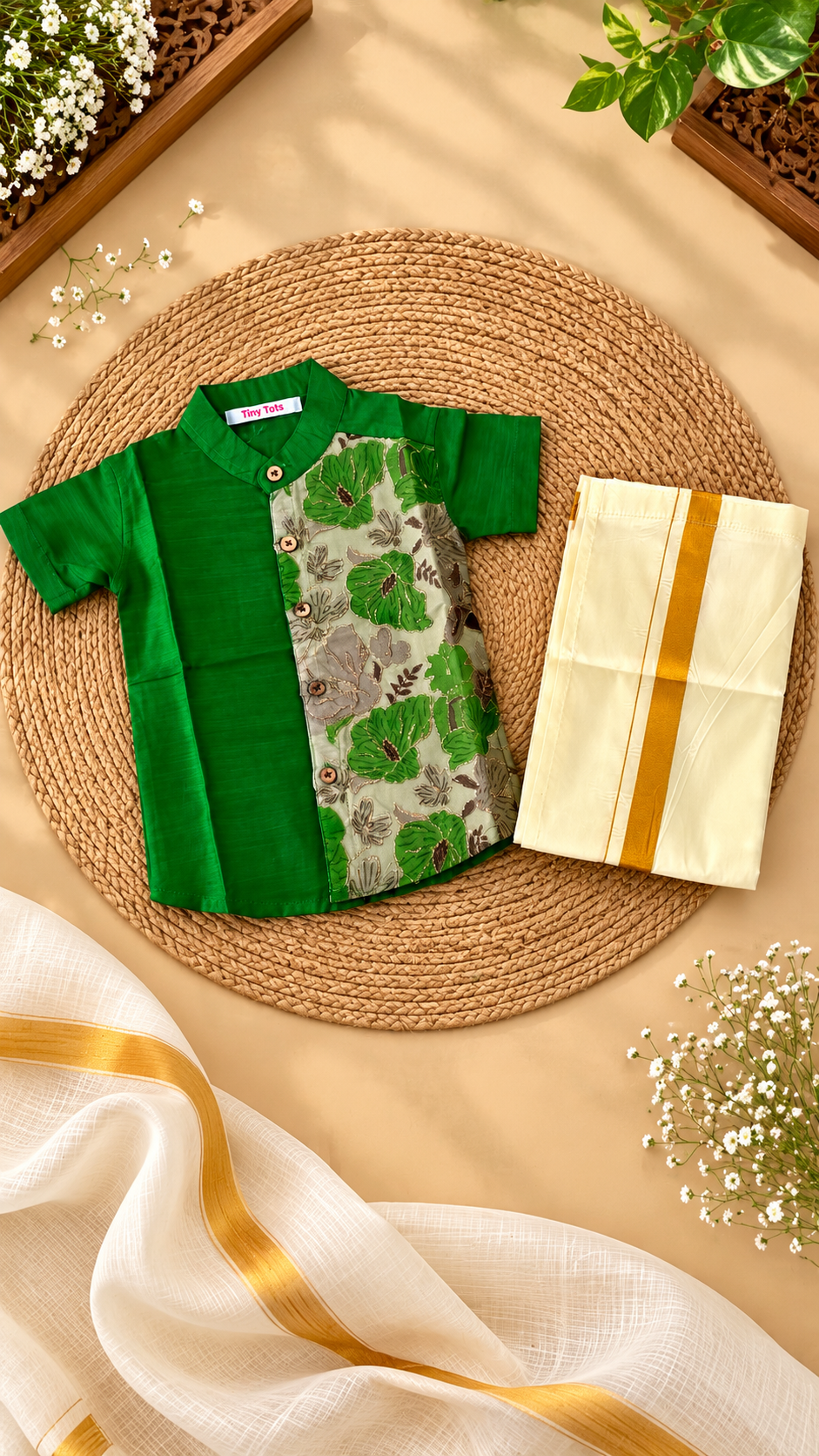 Green Floral Raw Silk Ethnic Shirt with Traditional Dhoti Set for Boys