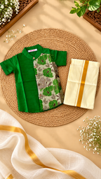 Green Floral Raw Silk Ethnic Shirt with Traditional Dhoti Set for Boys